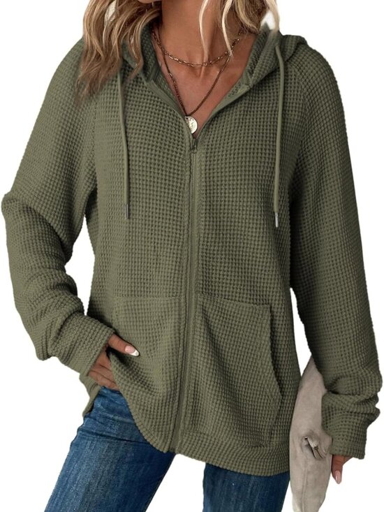 Tops - Cozy Full Zip Hooded Waffle Knit Sweatshirt Top for Women - Long Sleeve Casual